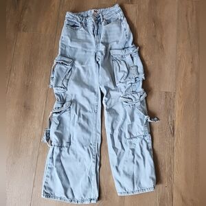 Juniors SO Brand Size 1/25w Wide Leg Baggy Cargo Buckle Jeans Light Wash Denim